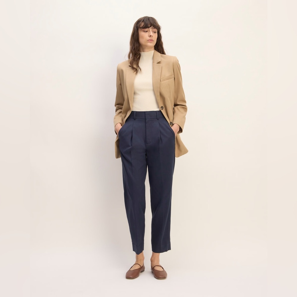 Everlane Draper Way-High Tapered Pant Navy Blue Pleated Tencel Trousers …